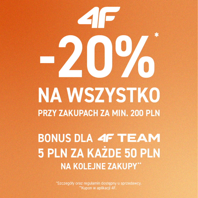 Grafika prezentująca akcję promocyjną -20% oraz korzyści z programu lojalnościowego 4F TEAM.