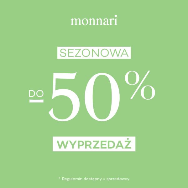 Grafika promocyjna sezonowej wyprzedaży w sklepie Monnari z informacją o promocji do -50%.