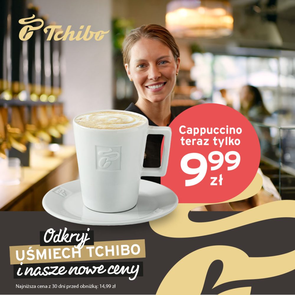 Grafika przedstawia filiżankę cappuccino z gęstą pianką, w tle widać uśmiechniętą kobietę.