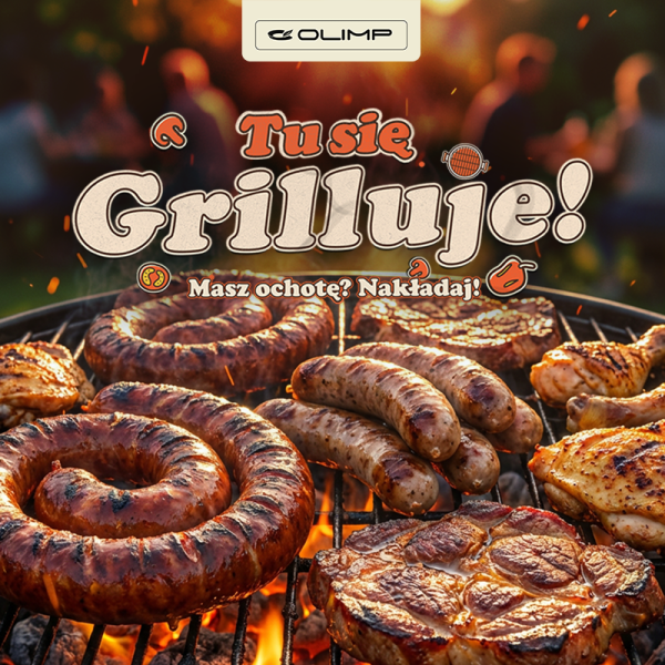 Grafika promocyjna sezonu grillowego w restauracji Olimp. Grillowane Kiełbasa i karkówka.