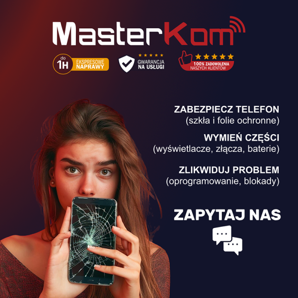 Promotional graphic for the MasterKom brand. Graphic advertising phone repair and technical support.