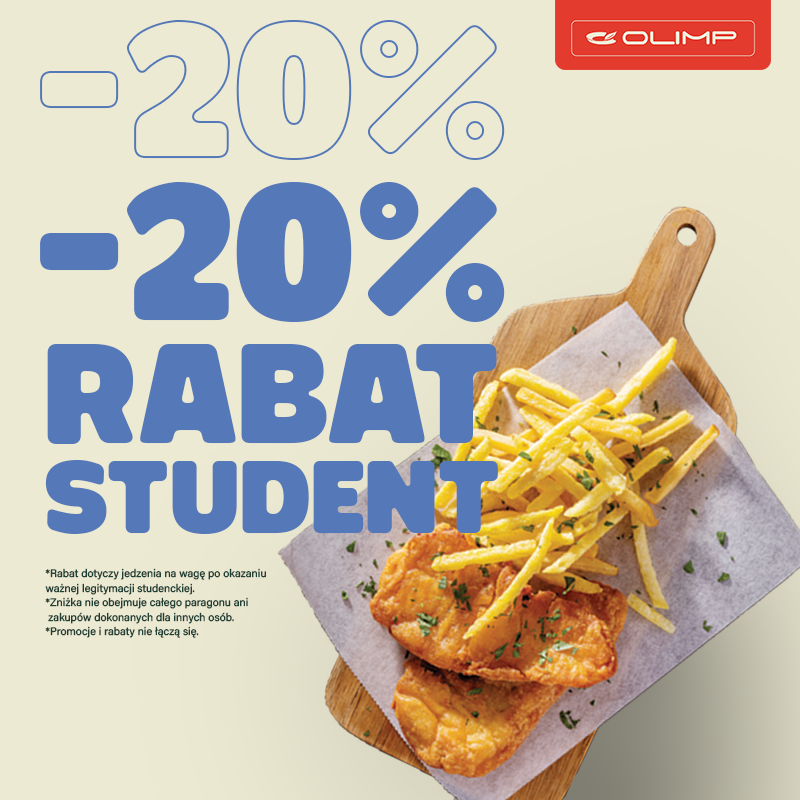 Zniżka studencka w restauracji Olimp. Frytki i kurczak na grafice promocyjnej.