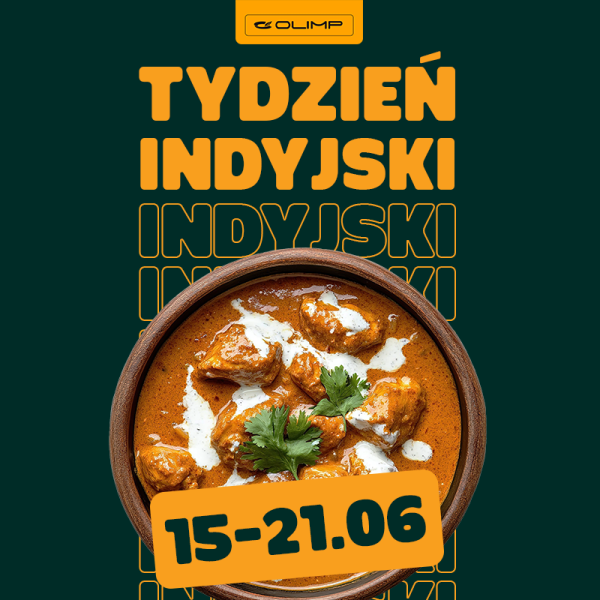 Grafika promująca tydzień indyjski w restauracji Olimp. Butter Chicken na ciemno-zielonym tle z podpisem \