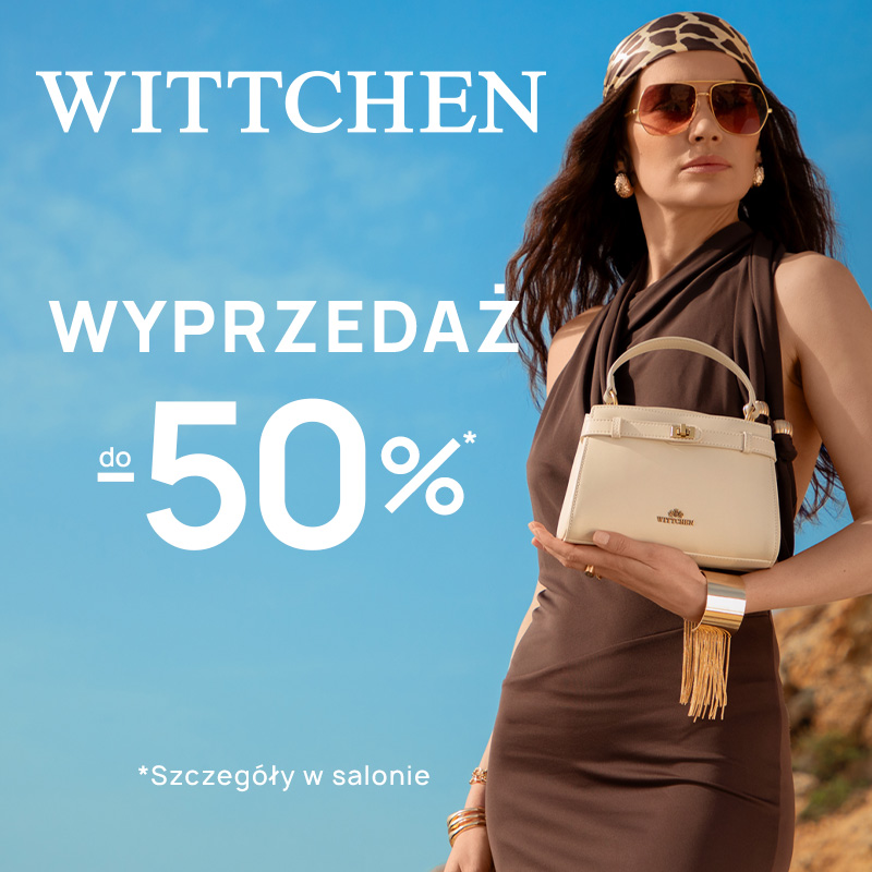 Grafika promocyjna marki WITCHEN. Kobieta trzymająca modną torebkę na niebieskim tle.