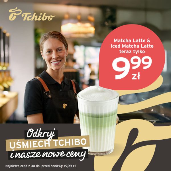 Grafika promująca matchę w tchibo. Ekspedientka kawiarni i matcha na pierwszym planie.