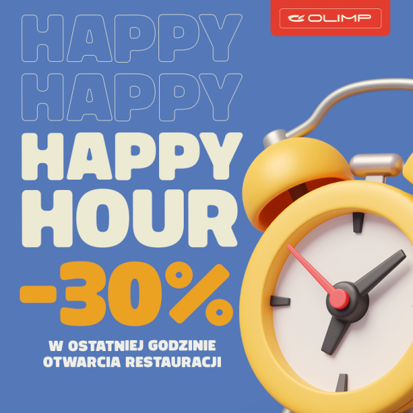 Grafika promocyjna dla restauracji Olimp. Budzik i napisy \