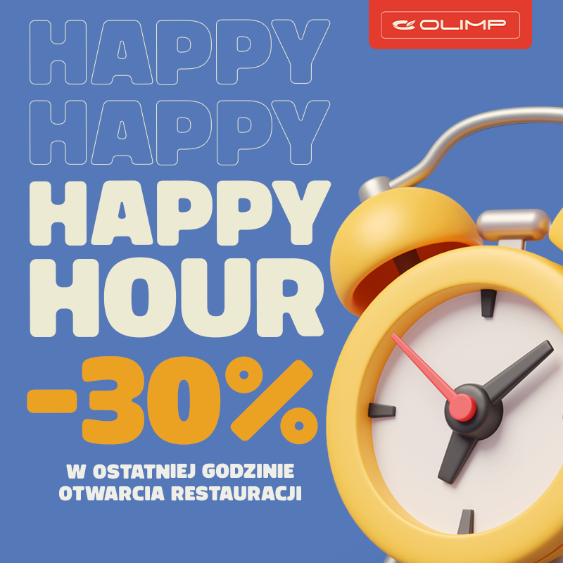 Grafika promocyjna dla restauracji Olimp. Budzik i napisy \