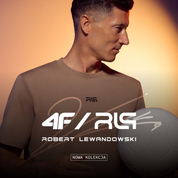 Grafika promocyjna marki 4F. Robert Lewandowski promujący swoją nową kolekcję w 4F.