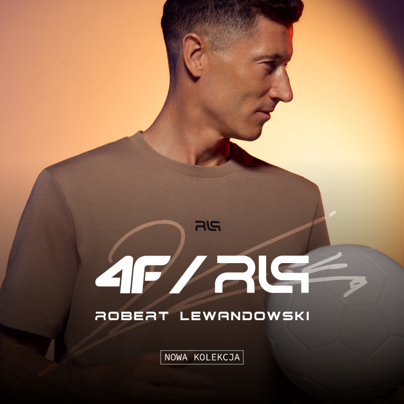 Grafika promocyjna marki 4F. Robert Lewandowski promujący swoją nową kolekcję w 4F.