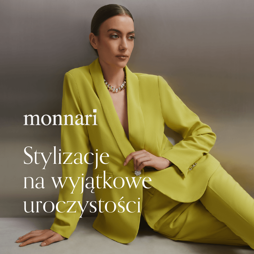 Grafika promocyjna marki monnari w M1 Poznań. Kobieta ubrana w zielono-żółty elegancki komplet marki monnari.