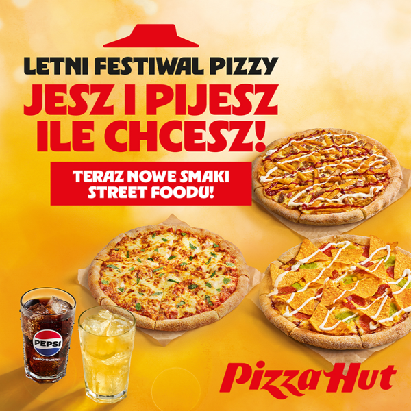 Promotional graphic for Pizza Hut's summer pizza festival. 3 new pizza flavors, Pepsi, and lemonade.