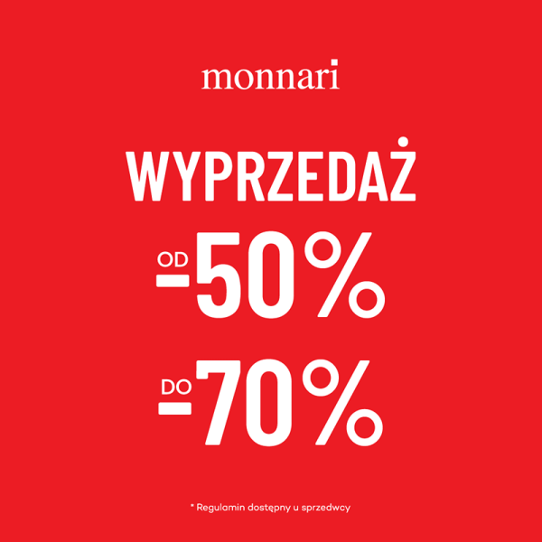 Promotional graphic for Monnari's sale. 50% and 70% off on a red background with the brand's logo.