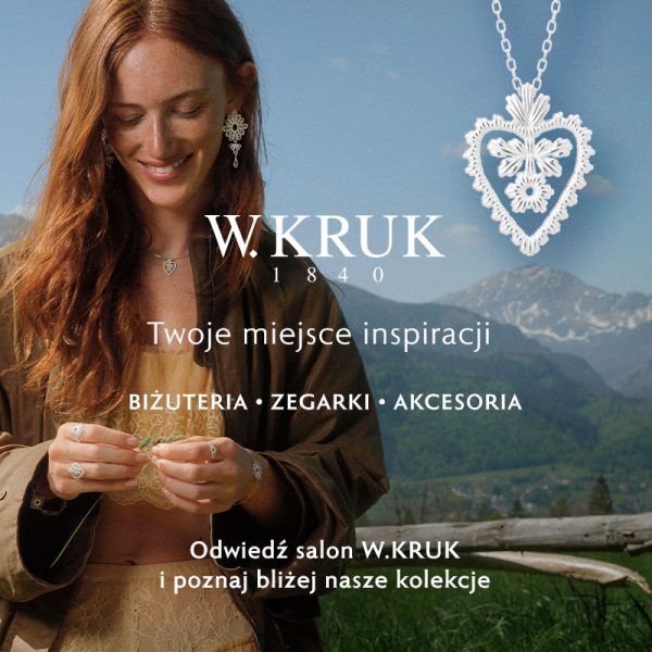 Grafika promocyjna kolekcji NewFolk w W.KRUK. Kobieta o rudych włosach plecąca zboże na tle gór.