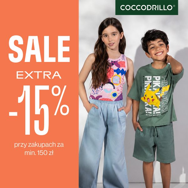 Promotional graphic for the Coccodrillo brand. A boy and a girl dressed in Coccodrillo children's clothing.
