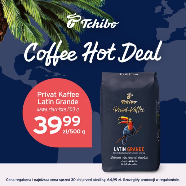 Promotional graphic for the Tchibo brand. A pack of Latin Grande coffee with notes of chocolate on a navy blue background.