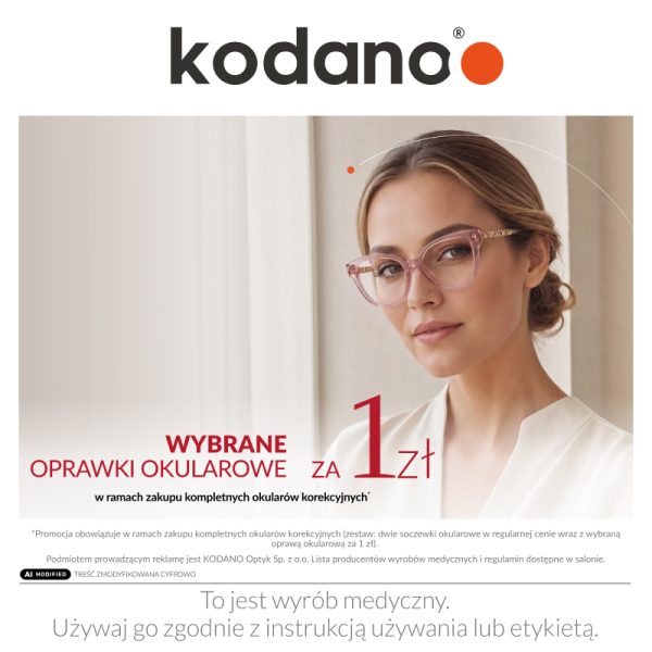 Grafika promocyjna dla kodano optyk. Blondynka w okularach reklamująca oprawki za 1zł.