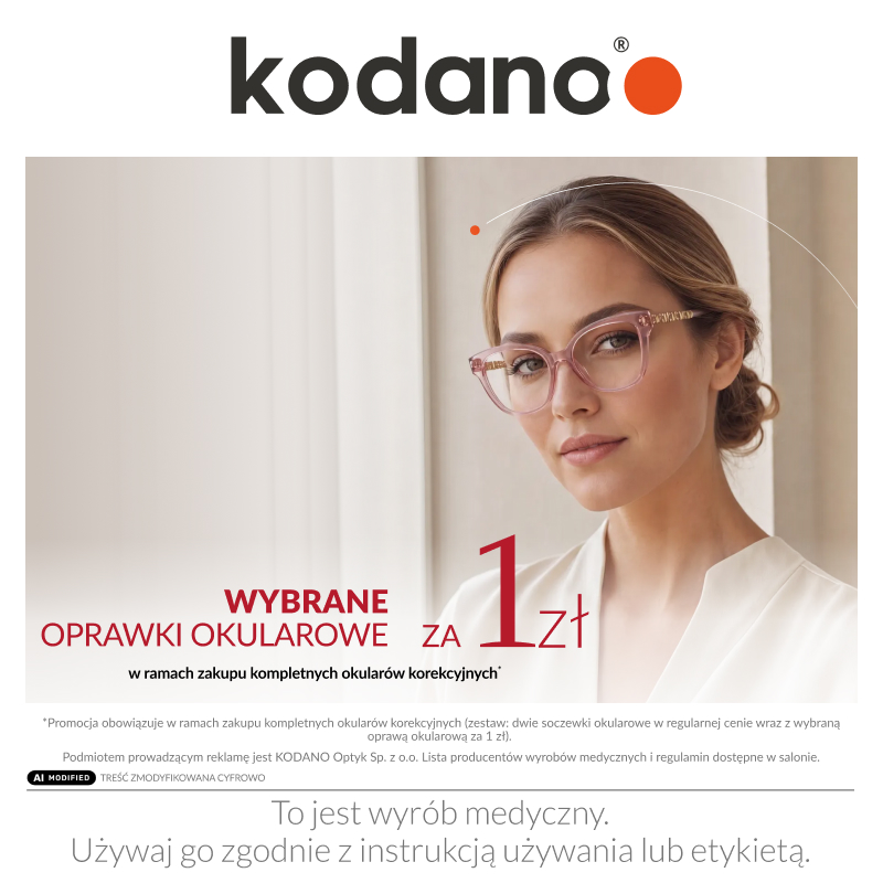 Grafika promocyjna dla kodano optyk. Blondynka w okularach reklamująca oprawki za 1zł.