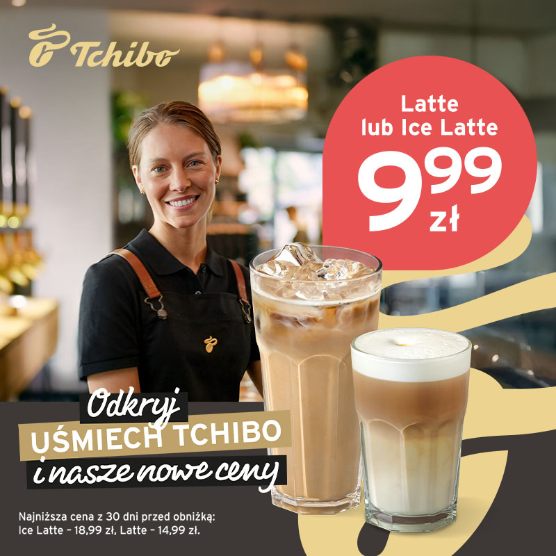 Grafika promocyjna marki Tchibo. Kawy Latte i Ice latte stojące obok baristki.