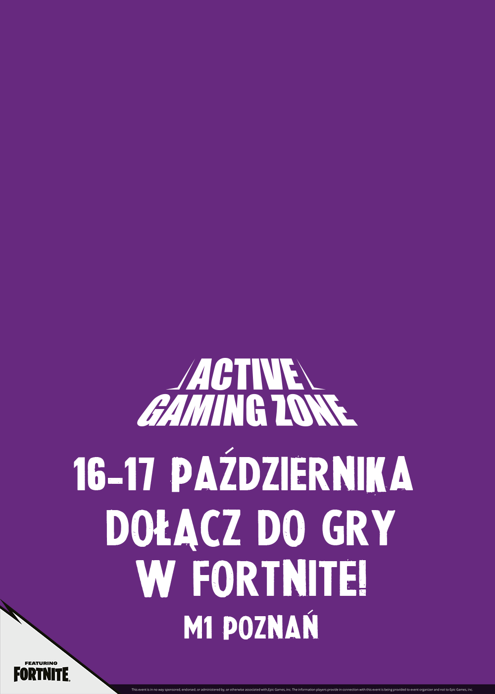 Wydarzenie Fortnite gaming zone w M1 Poznań. Bohaterowie gry Fortnite na fioletowym tle.