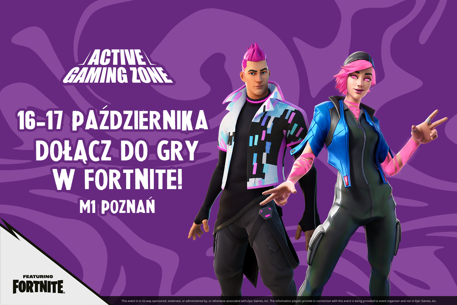 Wydarzenie Fortnite gaming zone w M1 Poznań. Bohaterowie gry Fortnite na fioletowym tle.