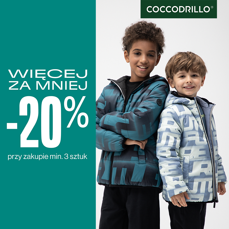 Grafika promocyjna marki Coccodrillo. Mali chłopcy ubrani w kurtki puchowe na zimowy sezon.