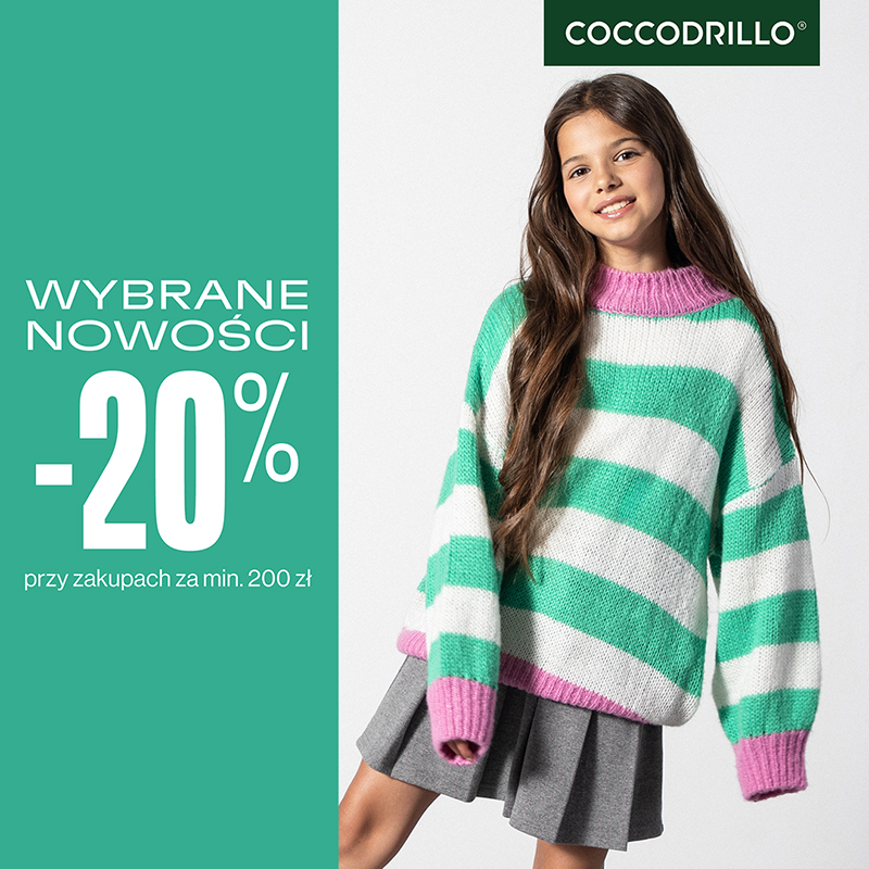 Grafika promocyjna marki coccodrillo. Dziewczynka ubrana w sweter w bialo zielone paski.