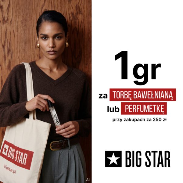 Promotional graphic for the BIG STAR brand. A dark-skinned woman holding a perfume bottle and a cotton bag.