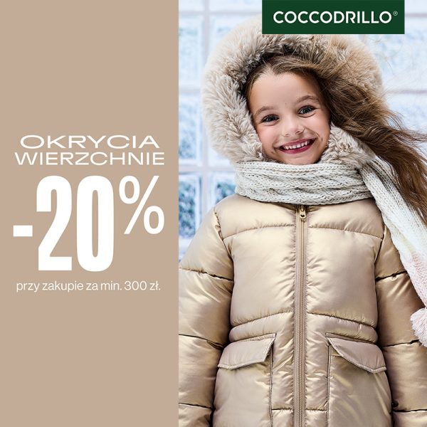 Promotional graphic for the Coccodrillo brand. A girl wearing a winter jacket advertises a 20% discount on outerwear.
