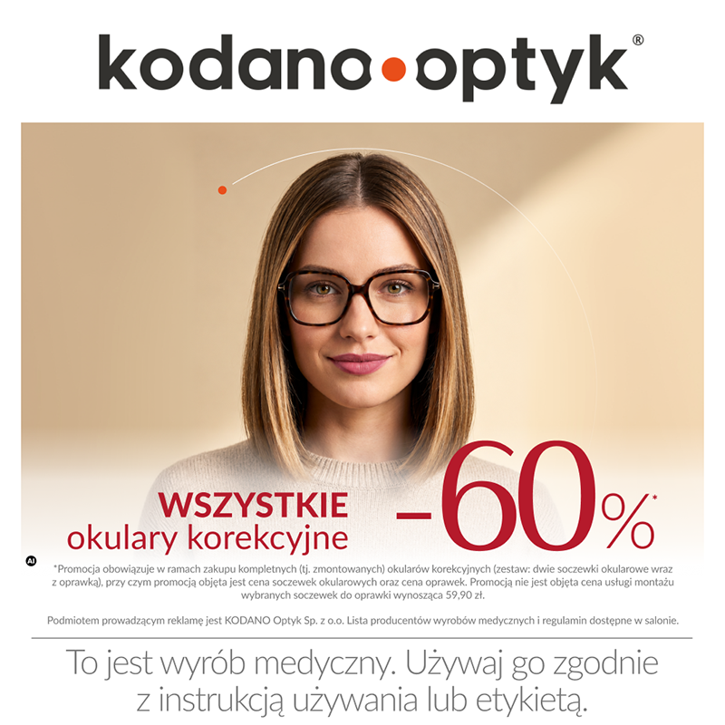 Grafika promocyjna marki Kodano Optyk. Kobieta w okularach korekcyjnych na beżowym tle.