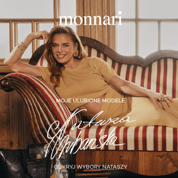 Grafika promocyjna marki Monnari. Natasza Urbańska leżąca na szezlongu reklamująca swoje ulubione modele.