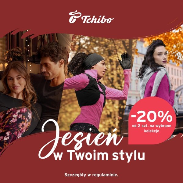 Grafika promocyjna marki Tchibo. Kolaż ze zdjęć pary na kanapie, trenującej kobiety i pozującej w jesiennej atmosferze.